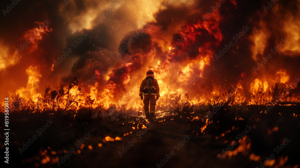 Fototapeta premium A firefighter walks through a burning forest. The fire is raging, the sky is covered with smoke. The scene is tense and dangerous