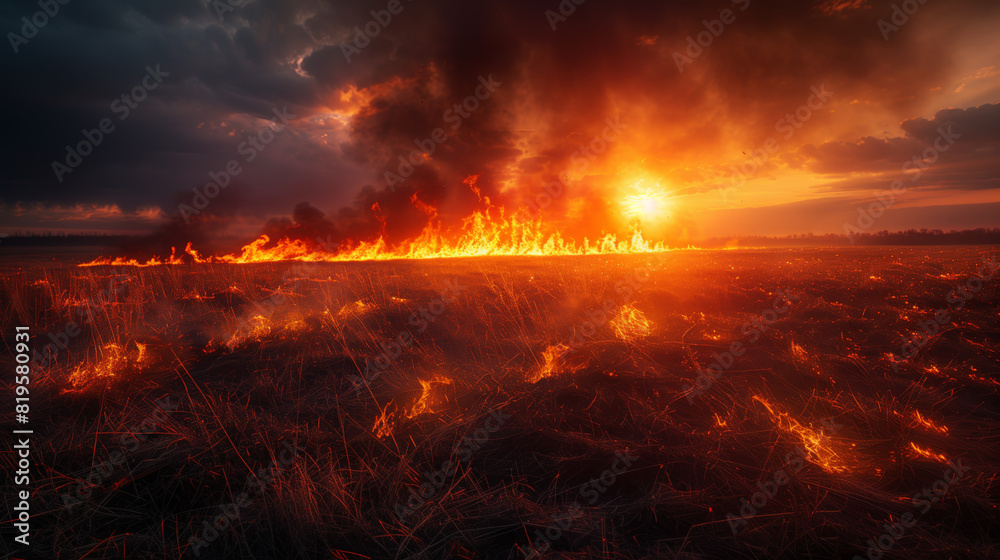 A field of dry grass is on fire, with the sun shining brightly in the background. The scene is both beautiful and terrifying A field of dry grass is on fire, with the sun shining brightly in the background. The scene is both beautiful and terrifying