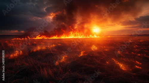 A field of dry grass is on fire, with the sun shining brightly in the background. The scene is both beautiful and terrifying photo