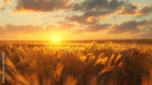 A tranquil scenery of the sun setting behind a golden wheat field, with a warm and calm atmosphere © Maftuh