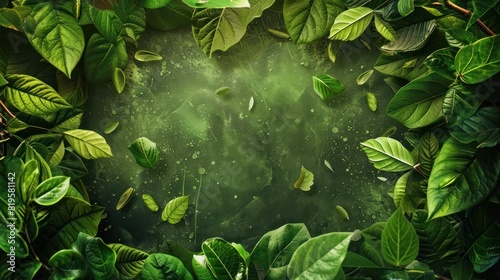 A variety of vibrant green leaves frame a dark, enigmatic background with subtle light particles photo