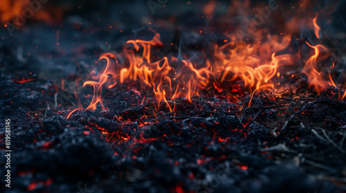 Fire is burning out in a field covered with black ash and burnt grass. Fire left a charred landscape  the ground is covered with blackened debris. 