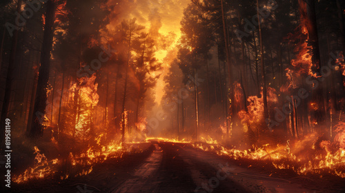A natural cataclysm. A forest fire is burning in the forest on both sides of the road. The flames are orange and yellow  the sky is clear