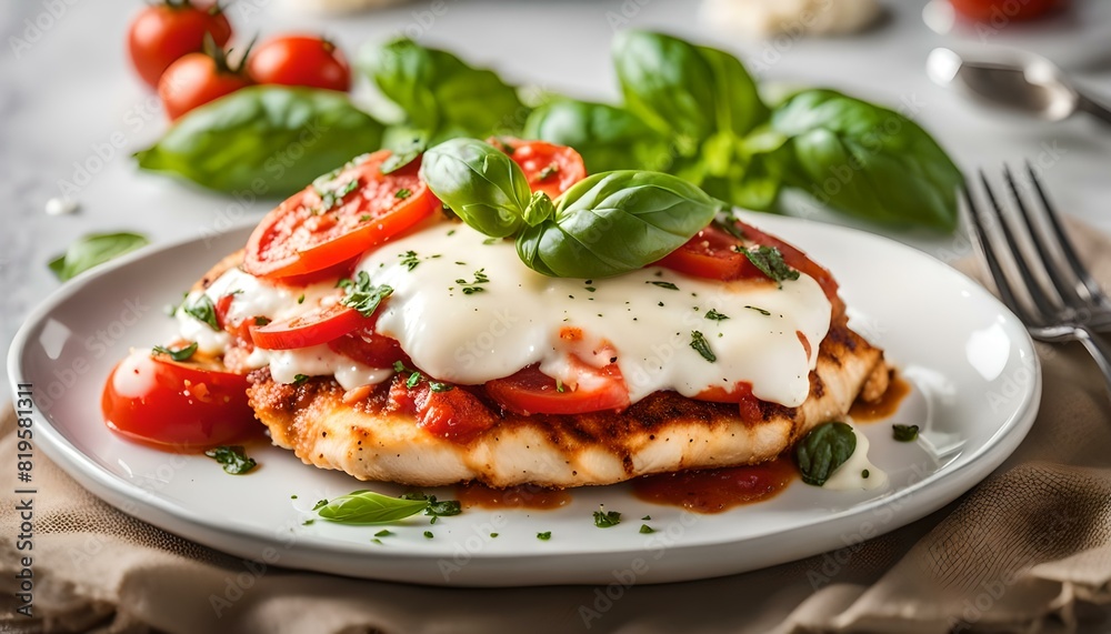 Homemade Caprese Chicken Parmesan with tomato, mozzarella and basil on a Plate, low angle view.
