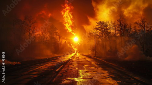 Climate change leads to drought and wildfires. An asphalt road with a burning forest in the background. The sky is orange, the sun is setting