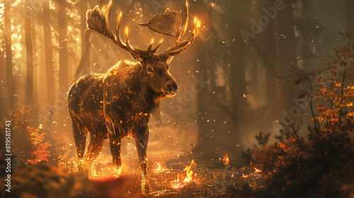Forest fire. A wild forest deer with big horns stands in a forest engulfed in flames. The concept of saving wild animals