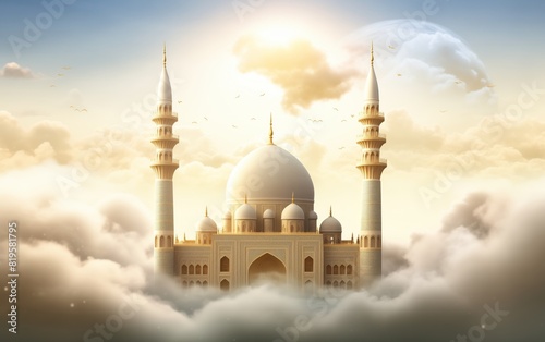 White mosque on blue sky background for Islamic holiday flyers and banners © onehourhappiness