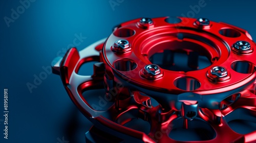 Bright scarlet differential on a cobalt blue backdrop - key for allowing car wheels to rotate at different speeds