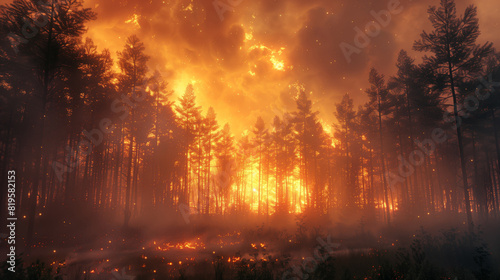 Forest fire is burning in the forest, the sky is filled with orange and yellow flames. Trees are engulfed in flames, and smoke is rising into the sky © chekart