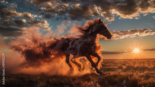 Chocolate brown smoke shaping into a horse  galloping across a western prairie at sunset