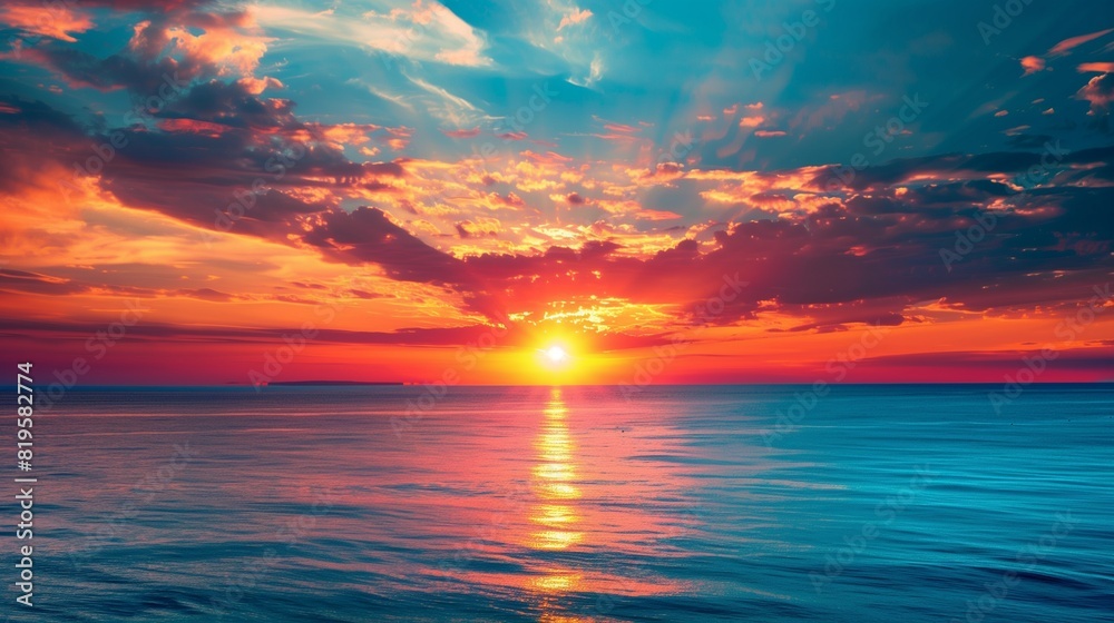 Dramatic Scarlet Sunset Over a Calm Blue Ocean, Stunning Natural Colors Dramatic Scarlet Sunset Over a Calm Blue Ocean, Stunning Natural Colors