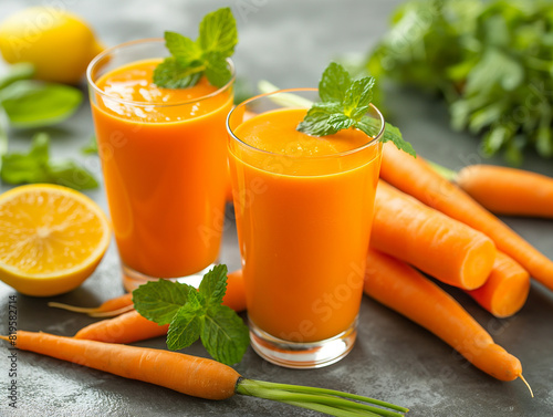fresh carrot juice in a glass, with a sprig of mint and a slice of lemon on the rim