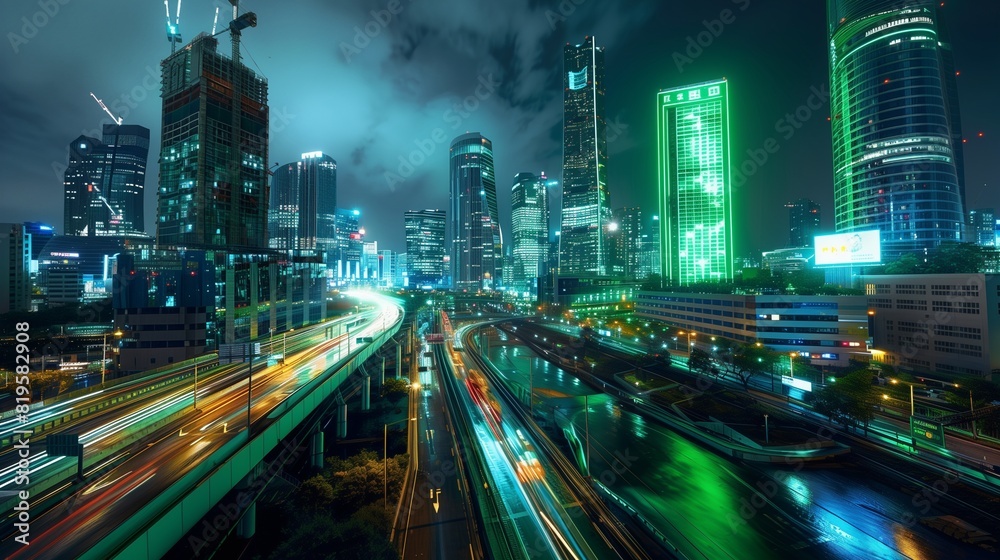 Electric Neon Green Light Show in a Modern Cityscape at Night, Vibrant Urban Life