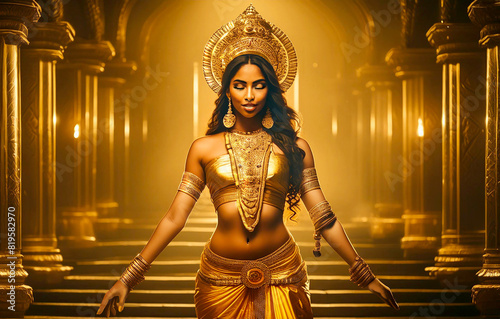 Divine elegance, image of a beautiful Hindu goddess in a temple, rendered in luxurious golden tones, cultural, religious publications, and spiritual content, exudes grace and sacredness