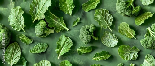 Fresh green kale leaves pattern on a green background. Perfect for healthy eating, nutrition, and organic food concepts.