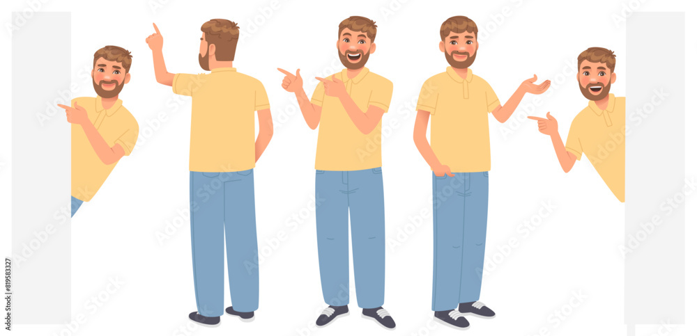 Obraz premium Set of a male character who presents, looks out and points at something. Vector illustration