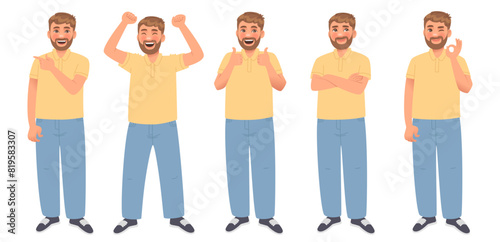 Set of positive emotions and gestures of approval. A happy man dreams and rejoices. Vector illustration