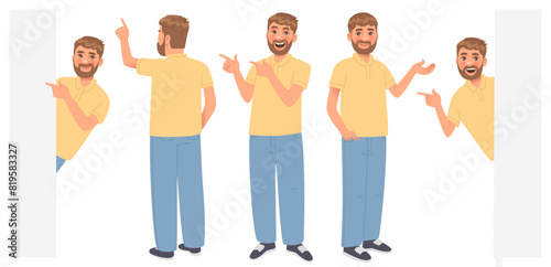 Set of a male character who presents, looks out and points at something. Vector illustration