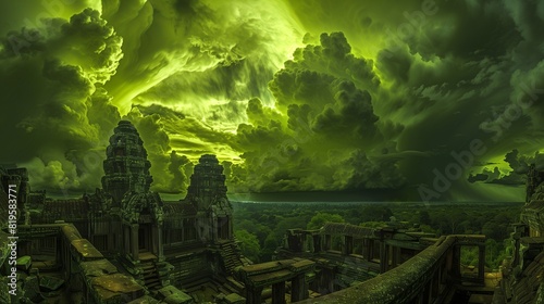 Lush Lime Green Cumulonimbus Clouds Forming a Labyrinth Above an Ancient Stone Temple