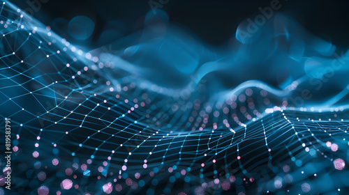 Abstract pixelated data stream on digital interface with glowing binary code ,Abstract digital technology background with a flowing blue network mesh wave, representing data, connection