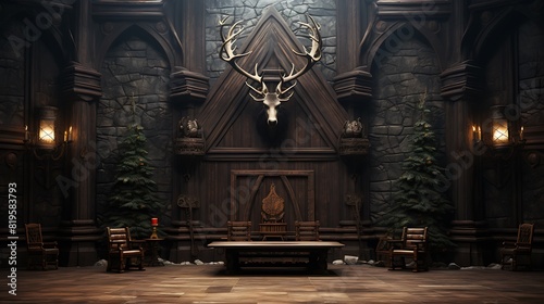 wooden podium with a carved eagle  in a rustic lodge with antler chandeliers and stone fireplace