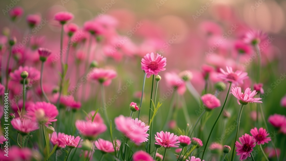 showing a vast field filled with pink flowers and green stems. The bright pink blooms contrast beautifully with the lush green stems, creating a striking visual display of natures beauty