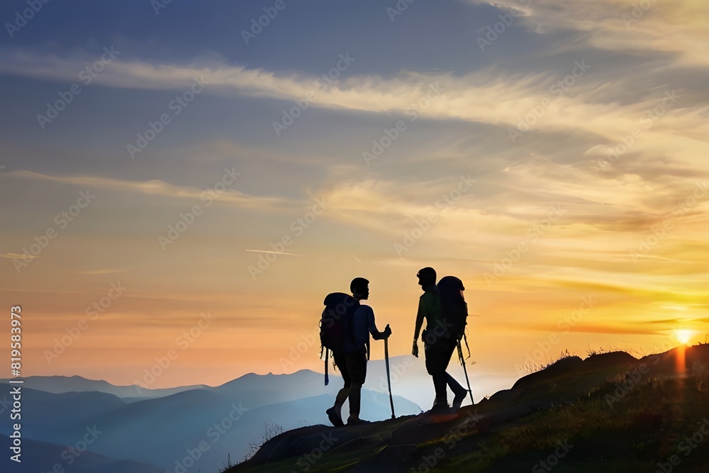 Silhouettes of four young hikers with backpacks are walking in mountains at sunset time