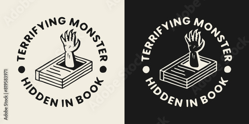 Scary monster hand coming out of a book illustration with cool text. Vector illustration design for printable products.