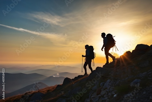Silhouettes of four young hikers with backpacks are walking in mountains at sunset time