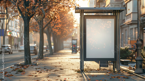 An outdoor bus shelter advertisement billboard with blank space at sunset, urban setting. Generative AI photo