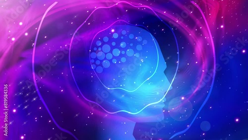 Human head silhouette with brain emitting brainwaves across the universe, sci-fi themes, tech innovations, intellectual pursuits, symbolizes the boundless potential of human thought and imagination