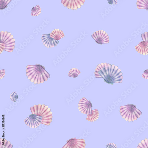 Seashells scallops in blue, lilac and pink colors on a lilac background. Watercolor illustration. Seamless pattern. For fabrics, textiles and wallpaper, prints, wrapping paper and design