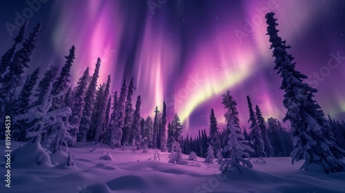Mystic Deep Purple Aurora Borealis Over a Snow Covered Forest  Magical Winter Night