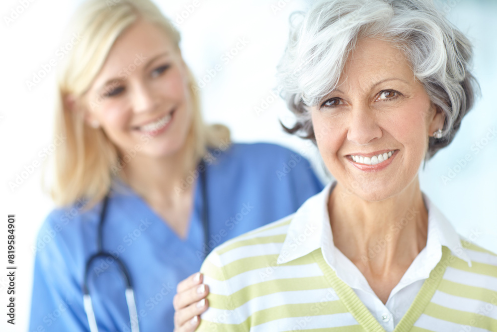 Mature woman, portrait or nurse with smile for healthcare support, empathy or hope at nursing home. Lady, help or friendly caregiver with patient, trust or happy person with medical service in clinic Mature woman, portrait or nurse with smile for healthcare support, empathy or hope at nursing home. Lady, help or friendly caregiver with patient, trust or happy person with medical service in clinic