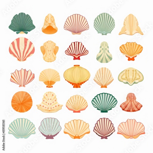 Colorful set of various seashell illustrations arranged in a grid on a white background. Perfect for summer and ocean-themed designs.