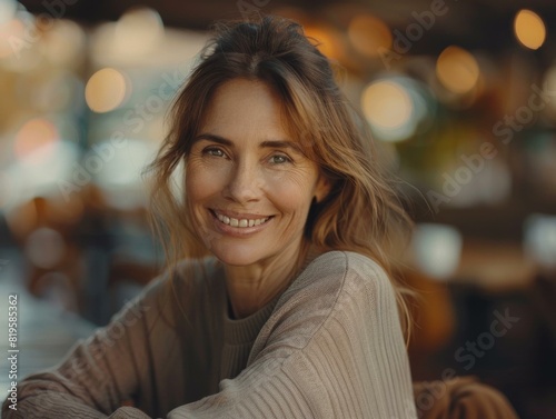 A woman smiling at the camera while sitting in a restaurant. Generative AI.
