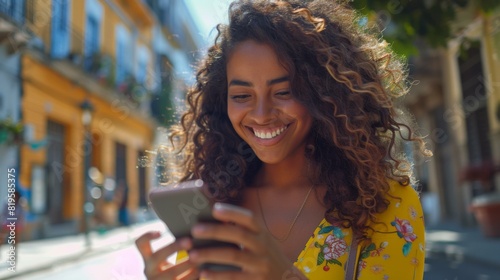 A woman smiling while looking at her cell phone in the street. Generative AI.