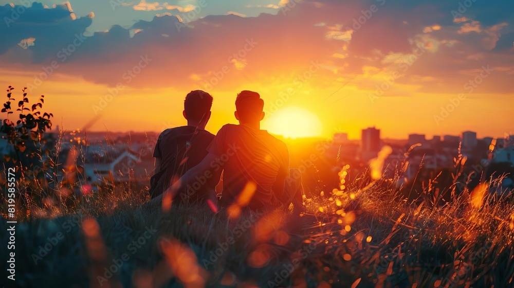 Fototapeta premium Love of LGBTQ. photography, cute gay couple Watch the sunset together in a romantic mood