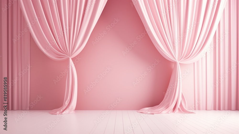 Pink silk curtains with empty wall