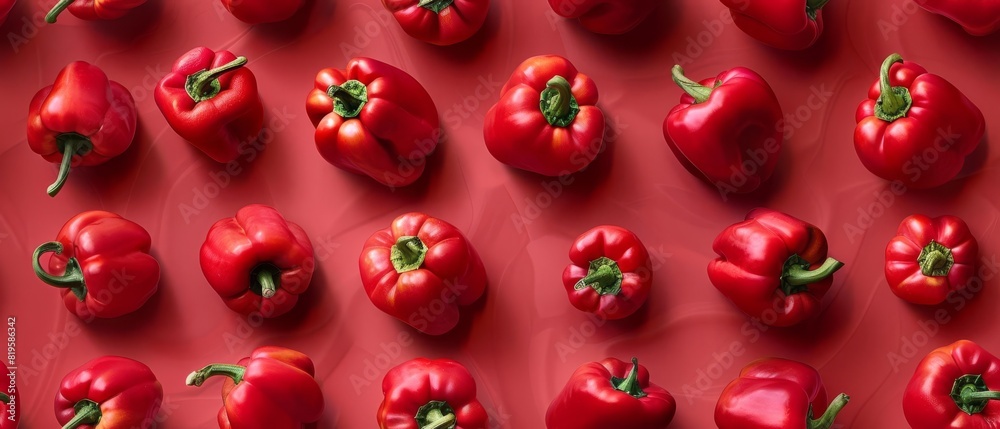 Fresh red bell peppers arranged in a neat pattern on a vibrant red background, showcasing a colorful and healthy vegetable display. Fresh red bell peppers arranged in a neat pattern on a vibrant red background, showcasing a colorful and healthy vegetable display.