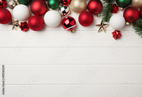  Christmas background with white wood and red  green  and gold ornaments on the top border