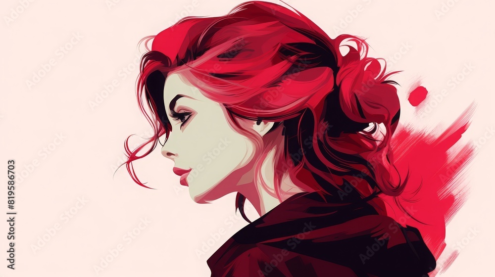 Digital illustration of a woman with vibrant red hair in a side profile view, showcasing stunning artistry and creative design. Digital illustration of a woman with vibrant red hair in a side profile view, showcasing stunning artistry and creative design.