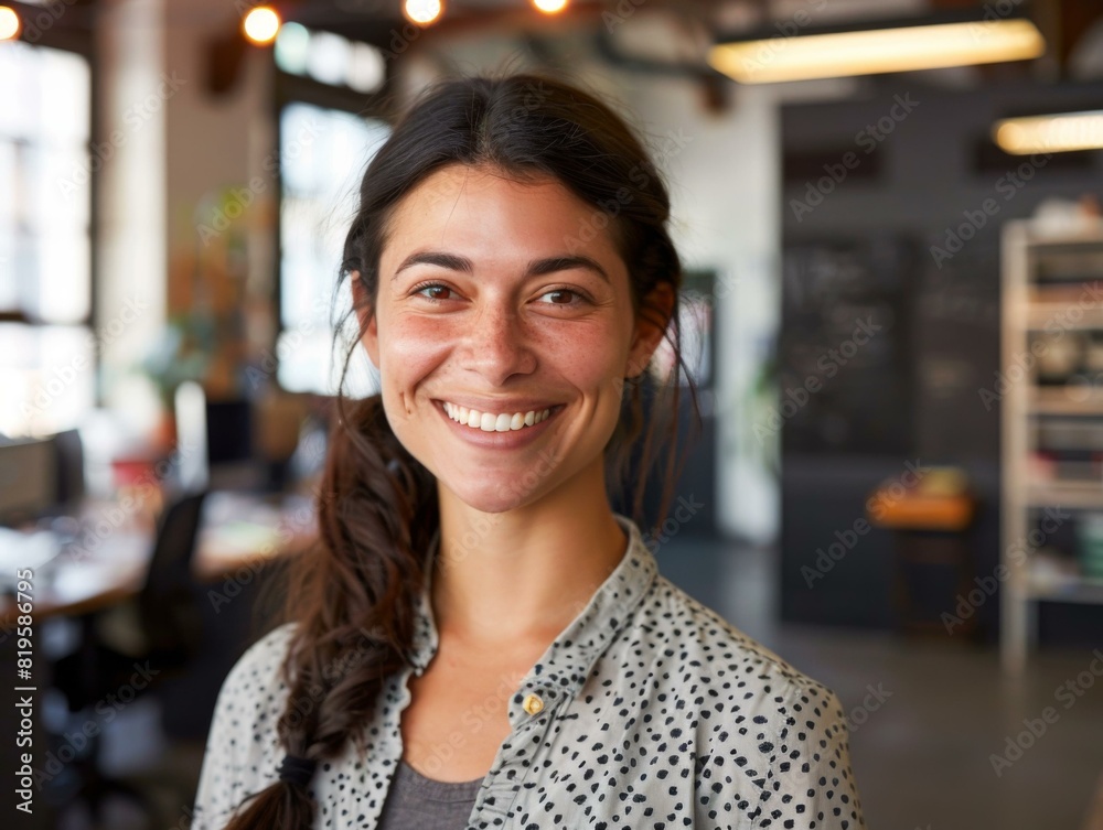 A woman smiling in a room with other people around her. AI. A woman smiling in a room with other people around her. AI.