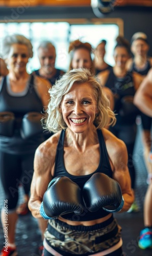A mature woman in a gym with boxing gloves on smiling. AI.