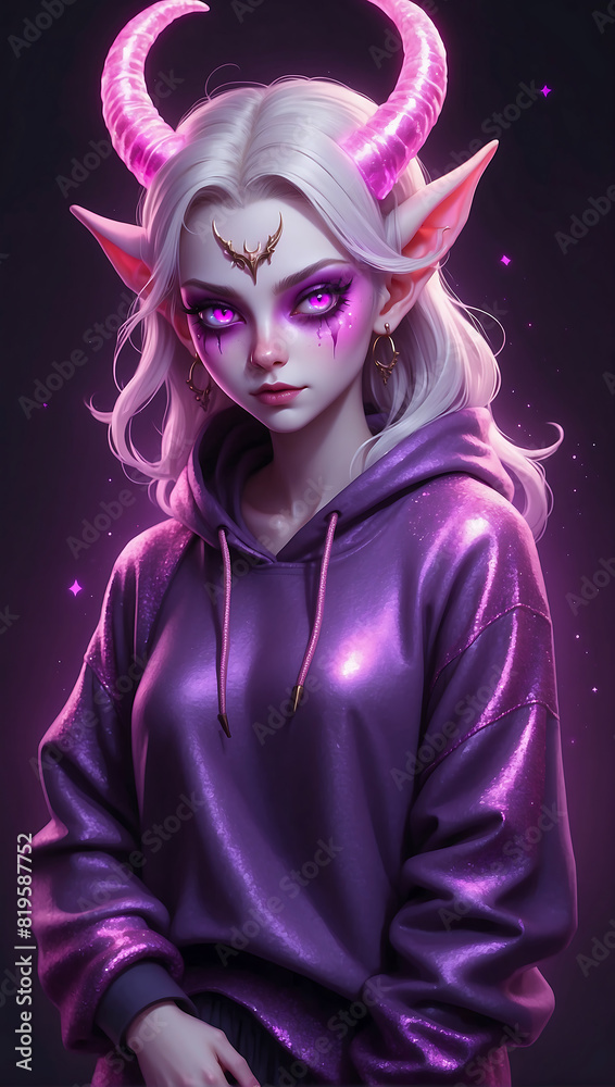 High quality beautiful illustration of a female demon with sparkling glowing eyes and horns wearing comfortable clothes