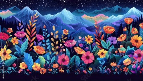 Natureinspired pop art illustration with stylized flowers  animals  and landscapes in bold  contrasting colors and patterns  celebrating the beauty of the natural world.