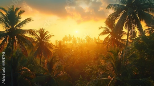 Portray the idyllic scenes of coconut plantations under the golden sun