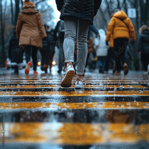 A group of people cross the street  with a close-up shot focusing on their feet and shoes in motion. displays various styles of foot movement when crossing a crosswalk.