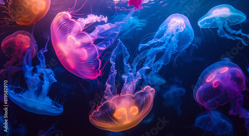 Vibrant Jellyfish Dance, Illuminating the Deep Blue photo