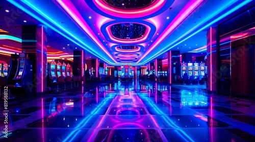 A casino corridor bathed in neon lights, a vibrant gateway to a world of futuristic allure. photo